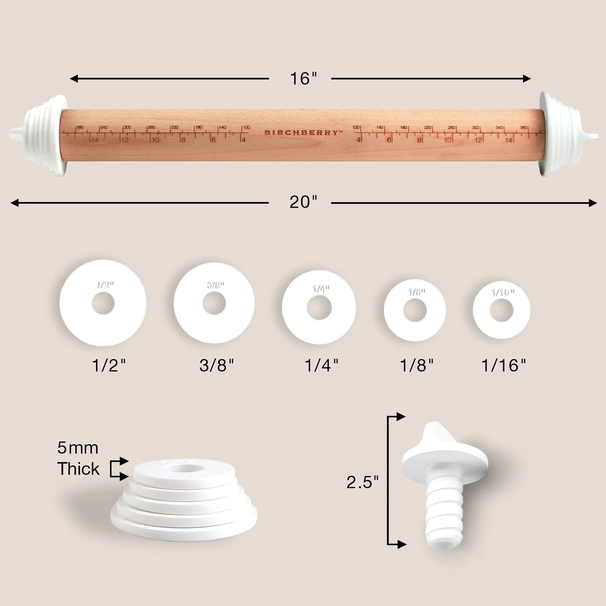 Bircberry Adjustable Rolling Pin Dimensions