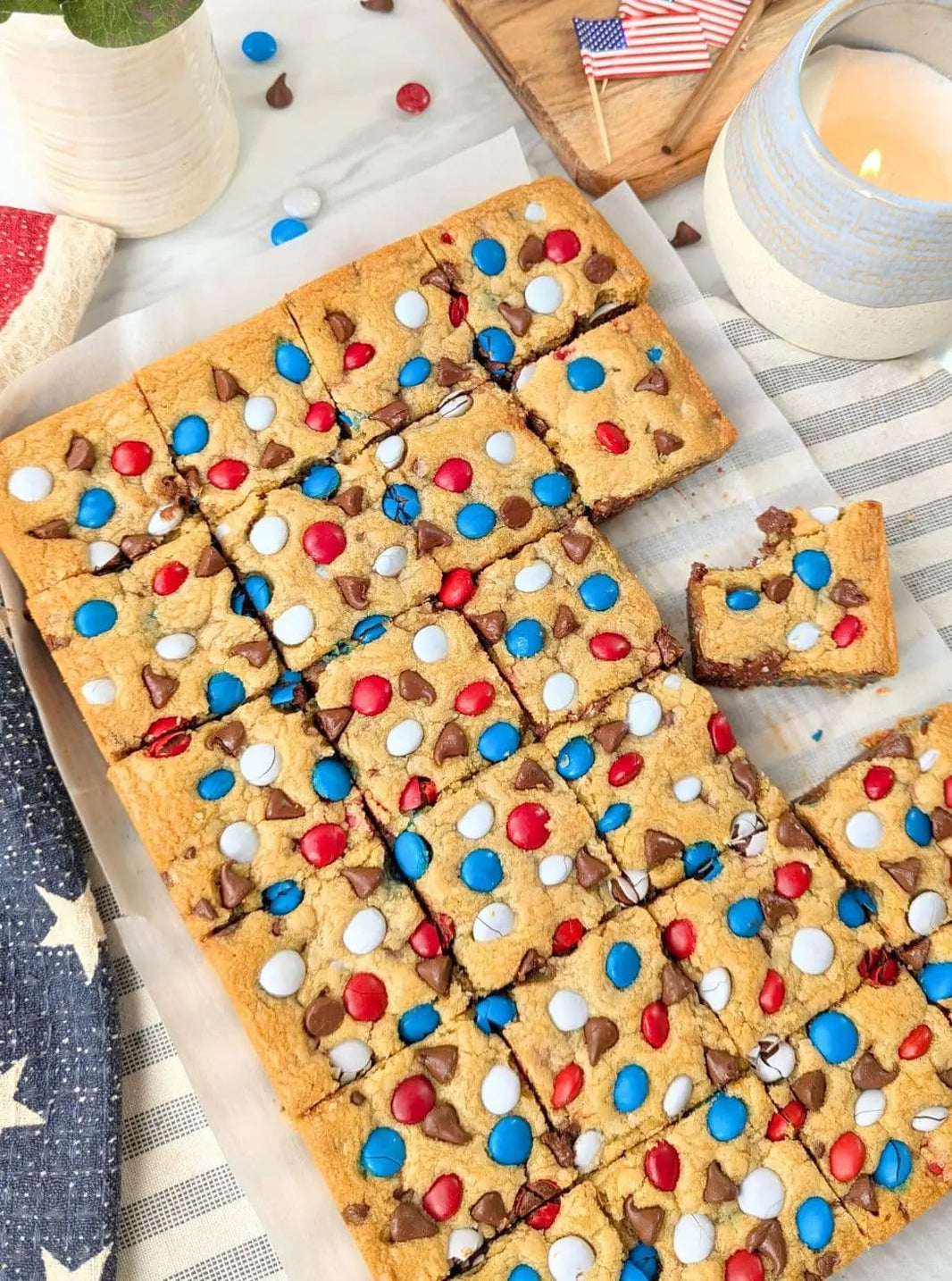 Red, white, & blue M&M cookie bars